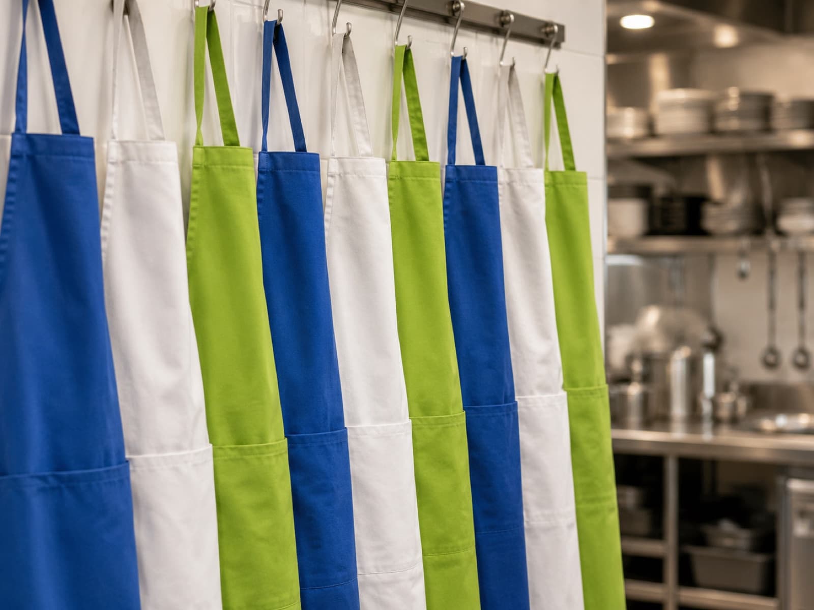 Clean blue, green, and white commercial aprons hanging in a professional kitchen
