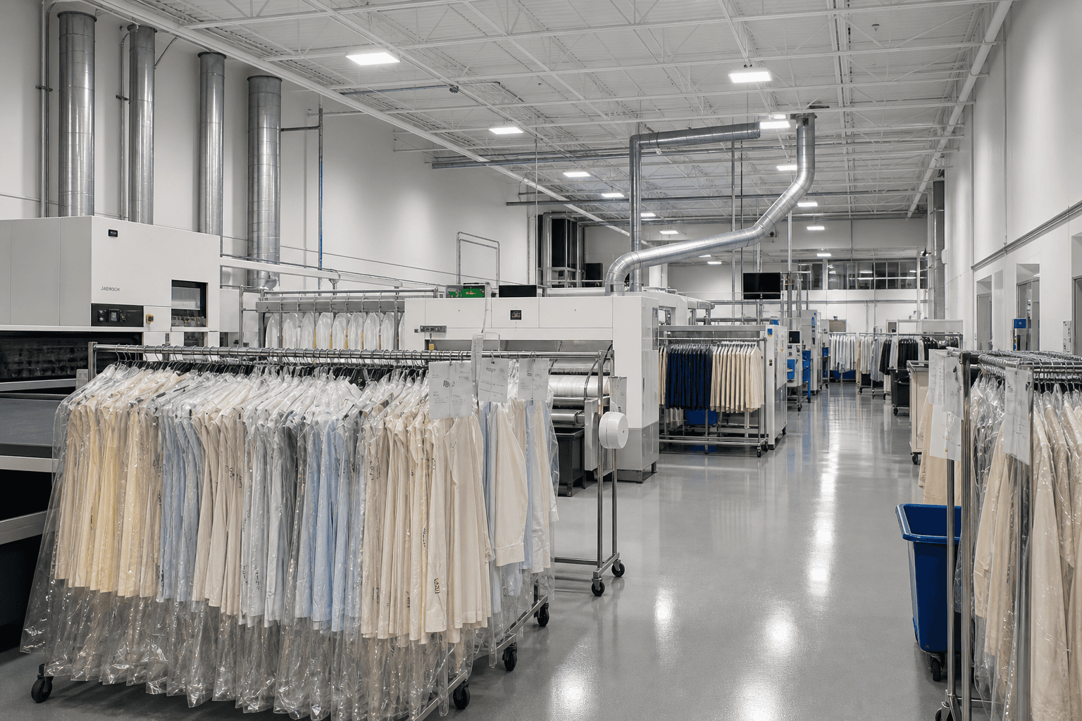 Commercial laundry production floor processing uniforms and linens