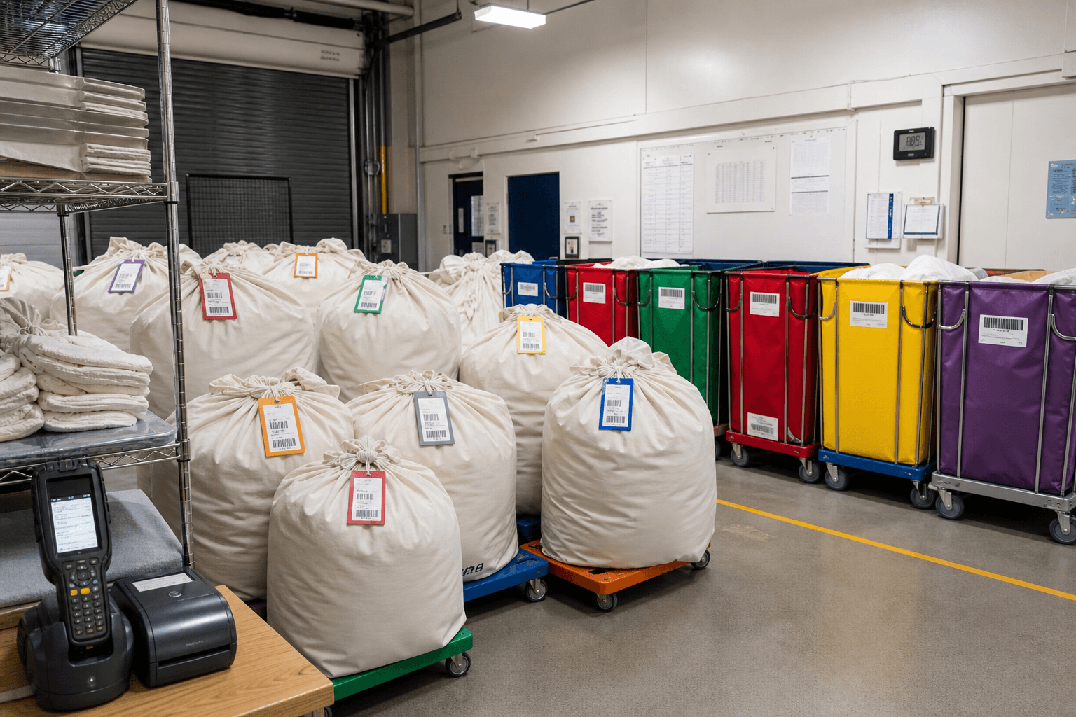 Customer-owned linen inventory labeled and staged