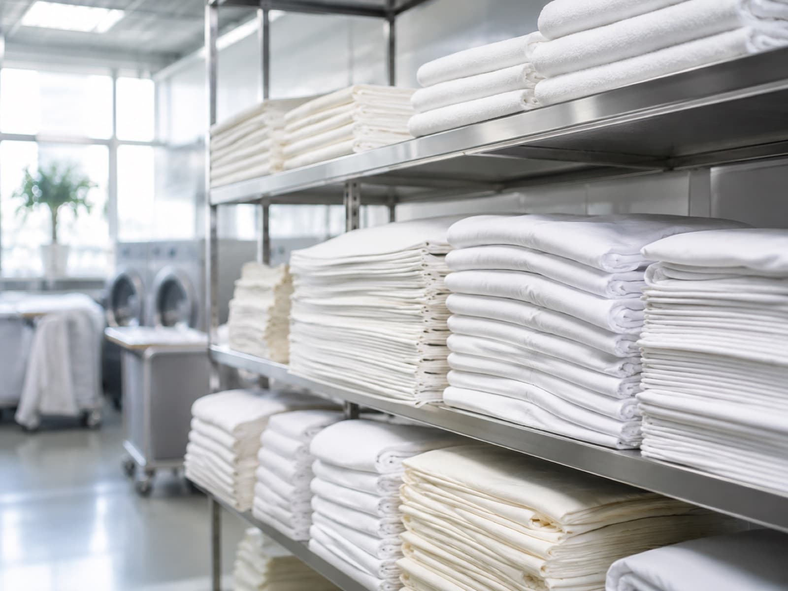 Neatly folded customer-owned linens stocked on stainless steel shelving in a commercial laundry