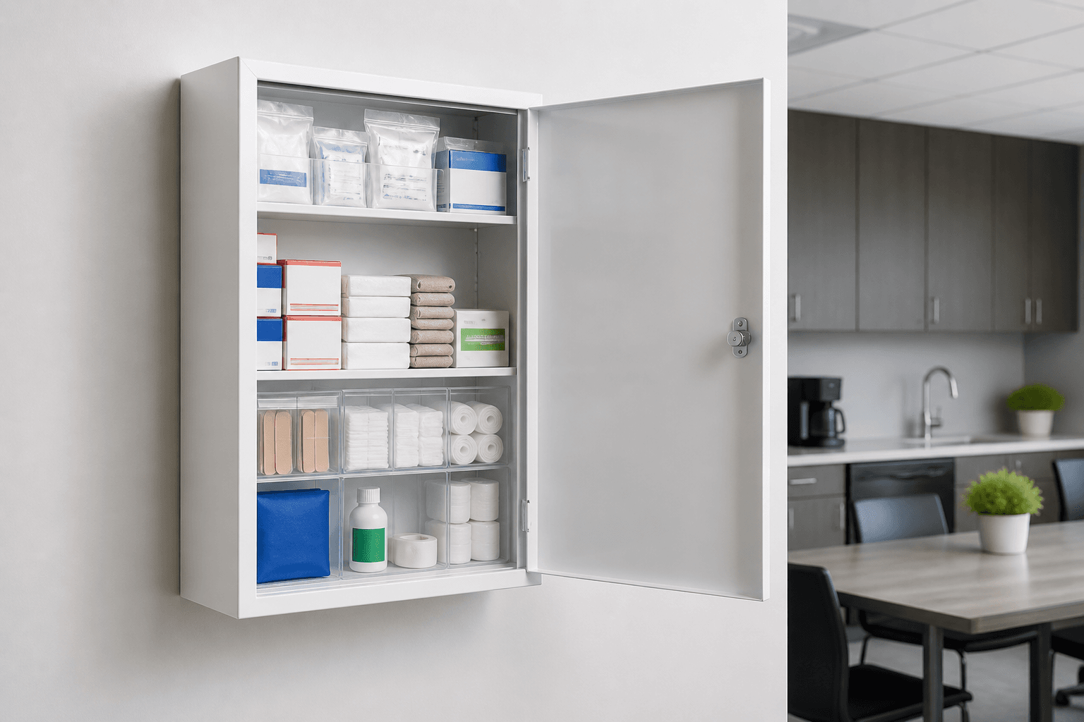 Workplace first aid cabinet stocked for compliance