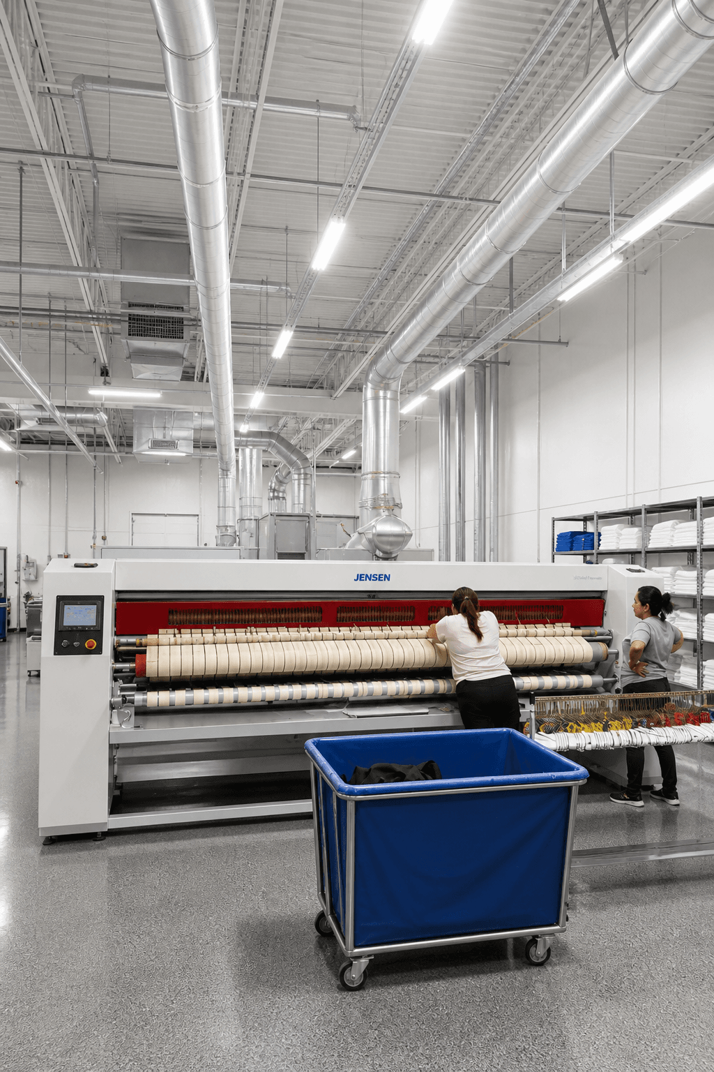 Flatwork ironer finishing commercial linens in Dallas
