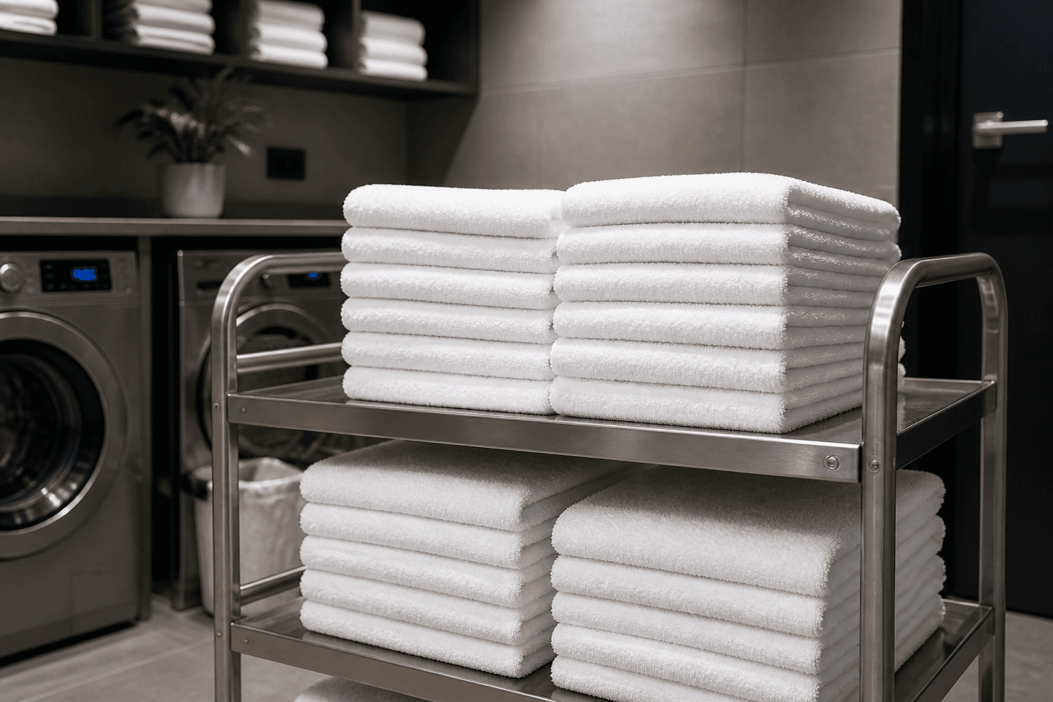 Stacks of clean commercial gym towels ready for member use