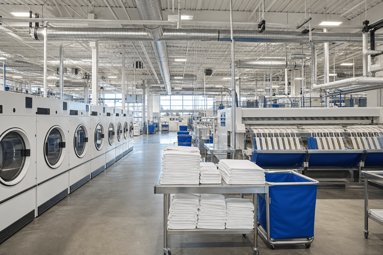 Modern DFW commercial laundry plant with industrial finishing equipment