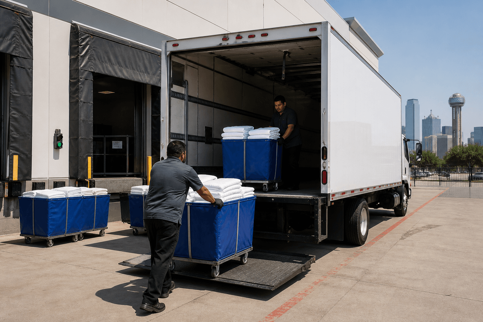 Folded linens loaded for delivery across Dallas-Fort Worth