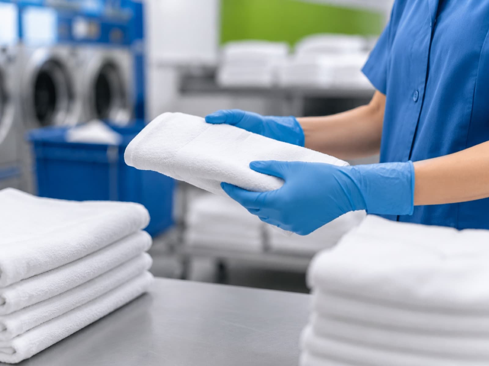 Gloved laundry technician inspecting a clean folded towel in a commercial facility