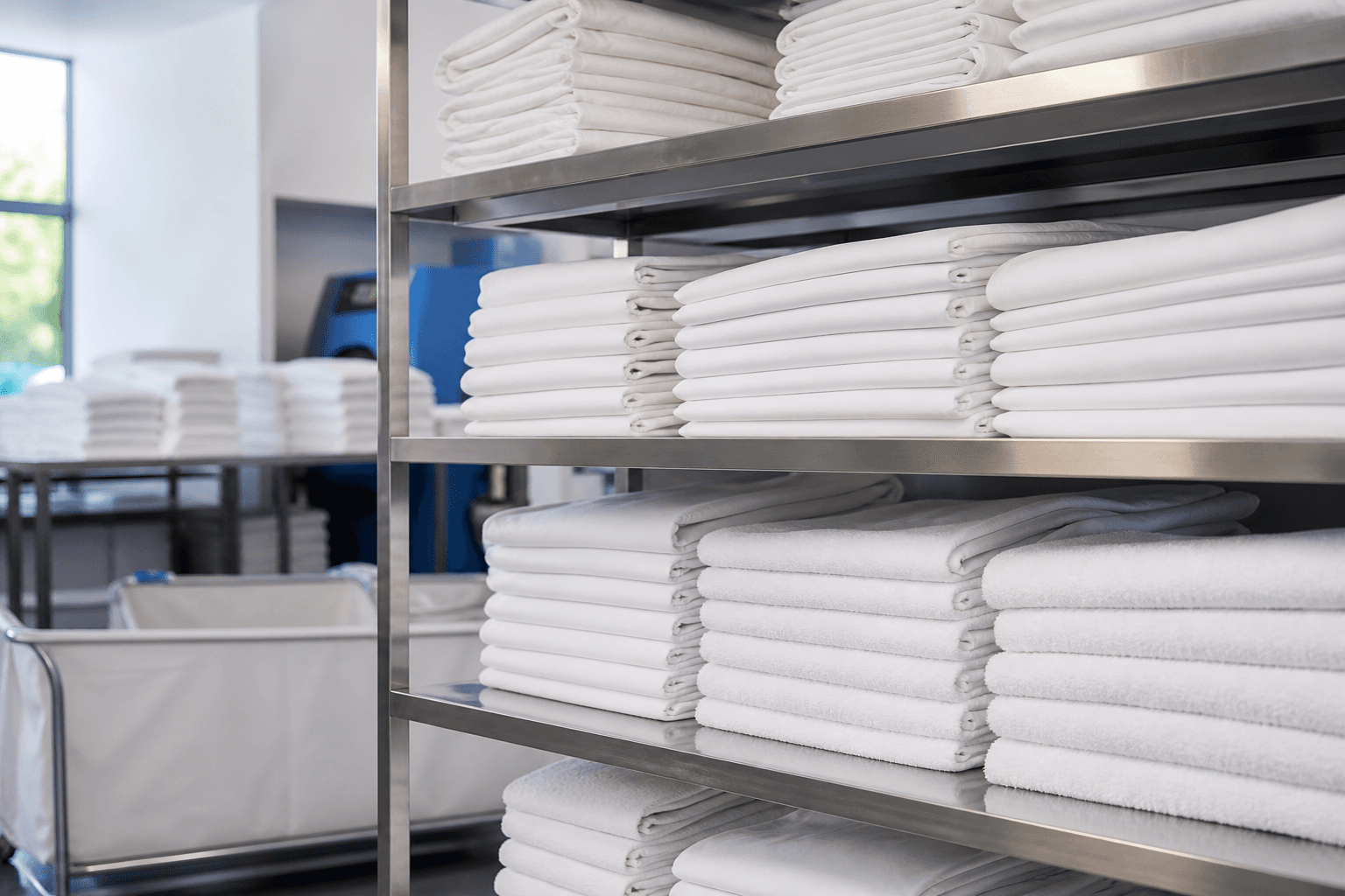 Stacks of rental-ready hotel linens in the finishing room