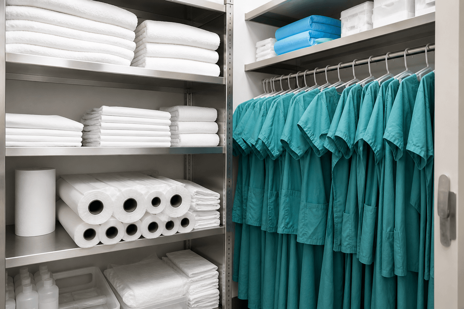 Sanitized medical linens and scrubs ready for clinic use