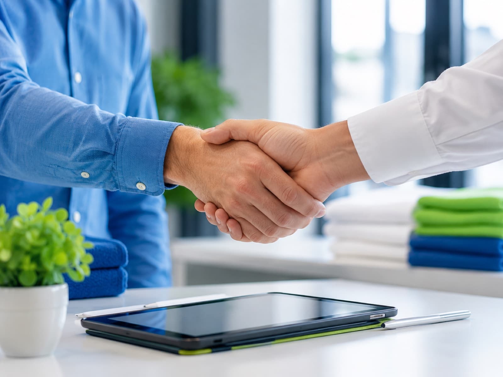 Business owner and DFW Linen representative shaking hands over a service agreement