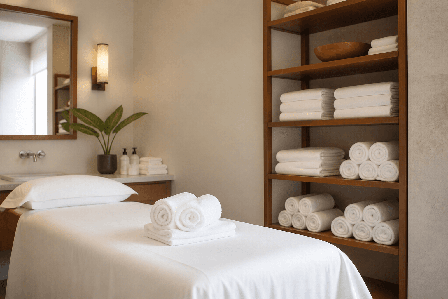 Spa treatment linens and towels folded for service